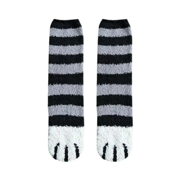 Chaussettes d'hiver pour femmes, chaudes, douces, rayées, taille EU 36-42, en coton et polyester, motif de pattes de chat, chaussettes confortables pour la maison, une paire noir