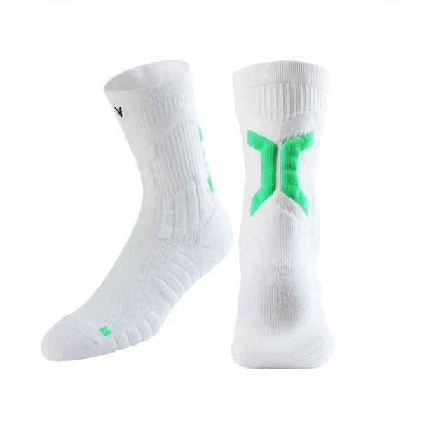 Chaussettes de sport antidérapantes unisexes respirantes élastiques mi-mollet course football entraînement blanc-vert