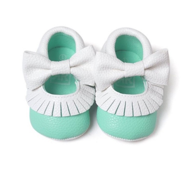 Chaussons en cuir pour filles avec volants turquoise 6-12 mois