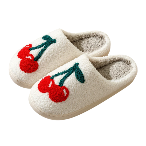Chaussons en peluche pour adultes avec grande cerise Chaussons d'hiver doux avec motif fruité Chaussons en peluche chauffants avec semelle antidérapante 39-40