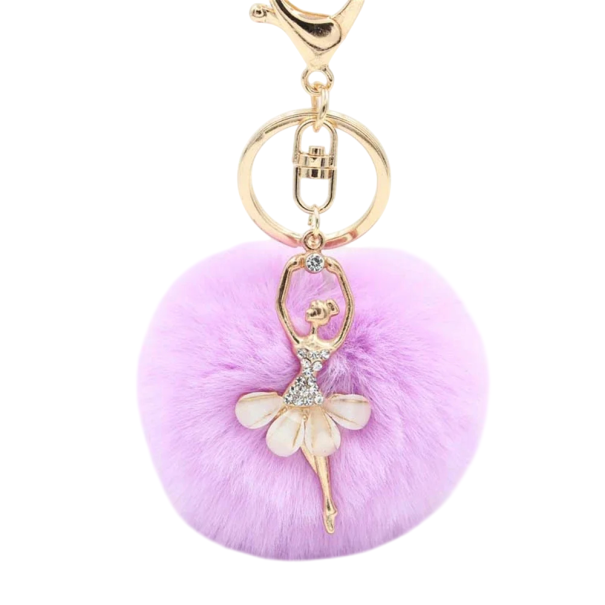 Chaveiro com bola de pelúcia e bailarina 8 cm Liga metálica Pelúcia Acessório elegante para chaveiro, mala, mochila roxo claro