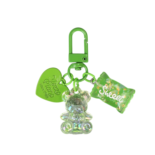 Chaveiro com ursinho e rebuçado 2 cm Pendente de resina com inscrição Decoração para chaves Bolsa Mochila Presente fofinho verde
