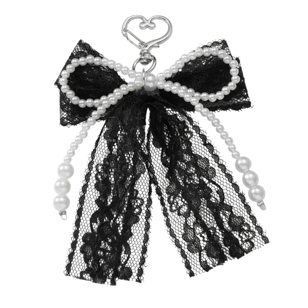 Chaveiro de Pérolas Imitadas Laço de Renda Pendente Elegante para Chaves Bolsa Mochila Acessório de Moda Romântico preto