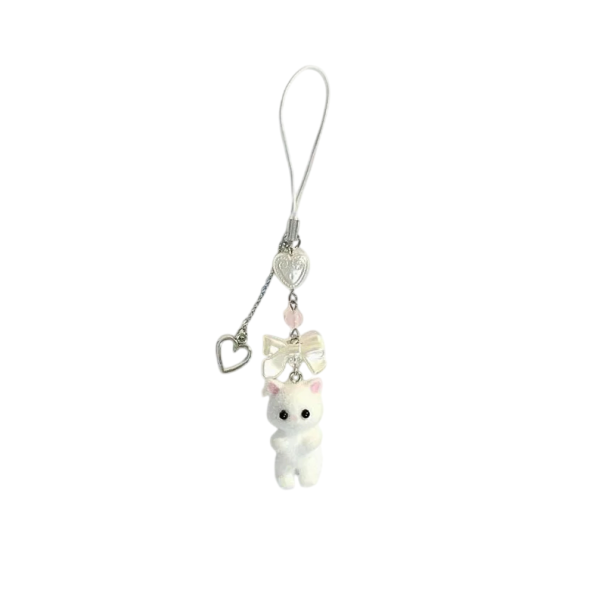 Chaveiro Gato Peludo com Laço Liga de Metal Pendente Metálico Decoração para Chaves Mochila Bolsa Presente Fofo branco