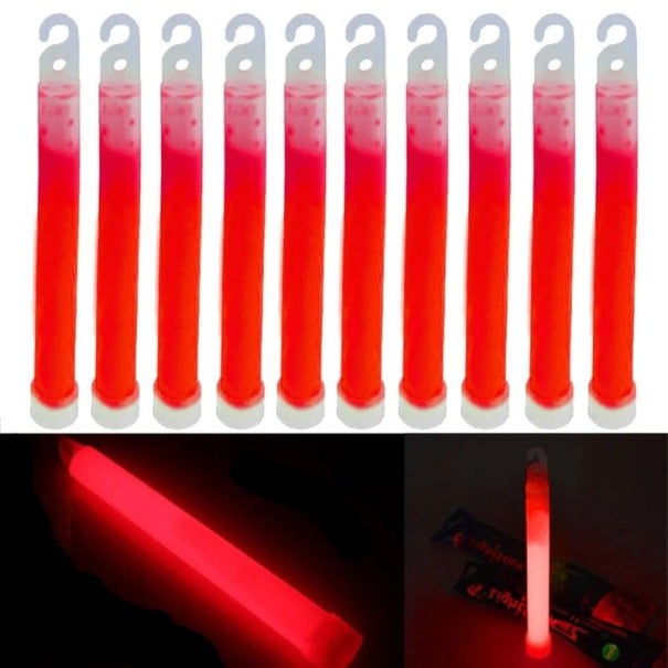 Chemické svítící tyčinky glow s háčkem aktivace zatřepáním délka 15 cm průměr 1 až 1,5 cm na párty festival kempování a nouzové situace červená