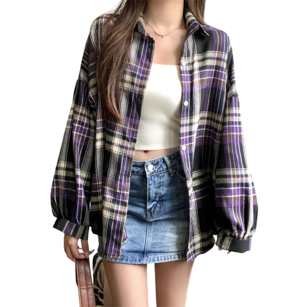 Chemise à carreaux élégante pour femmes avec col Blouse ample à boutons Haut stylé en polyester pour une tenue quotidienne et professionnelle violet S