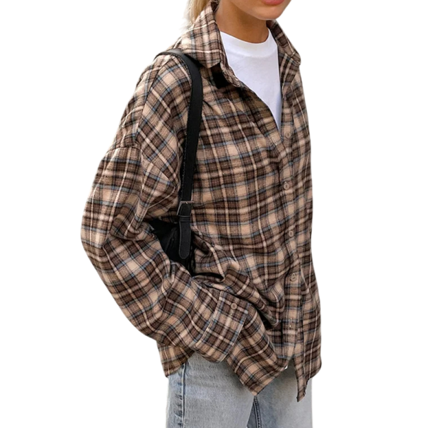 Chemise à carreaux pour femme à manches longues Coupe ample décontractée Chemise taille oversize pour le printemps automne Haut streetwear élégant L