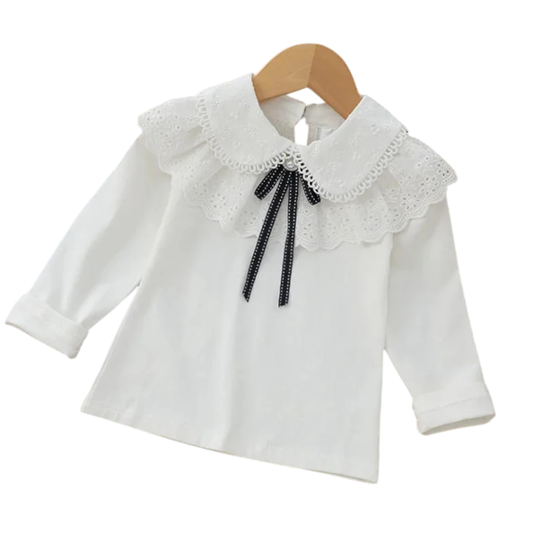 Chemise blanche en dentelle pour fille avec col et manches longues Élégante blouse en coton et polyester Encolure ronde Fermeture 6