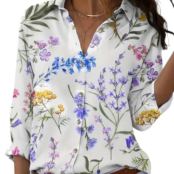 Chemise blanche pour femmes à manches longues avec de petites fleurs des champs sur de fines tiges, col classique et boutons sur le devant M