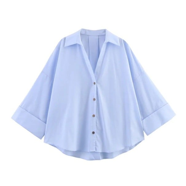 Chemise élégante pour femmes à manches courtes Blouse unie avec col et fermeture à boutons Haut léger et ample en polyester pour le travail bleu S