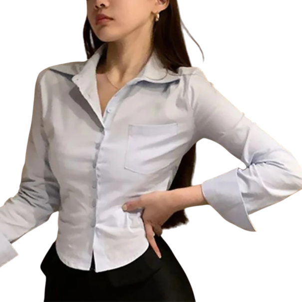 Chemise élégante pour femmes à manches longues Blouse unie avec col et poche sur la poitrine Fermeture à boutons Haut léger en polyester bleu XS
