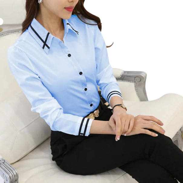Chemise élégante pour femmes à manches longues Blouse unie en polyester avec des rayures sur les manches et le col Top stylé avec fermeture à boutons bleu L