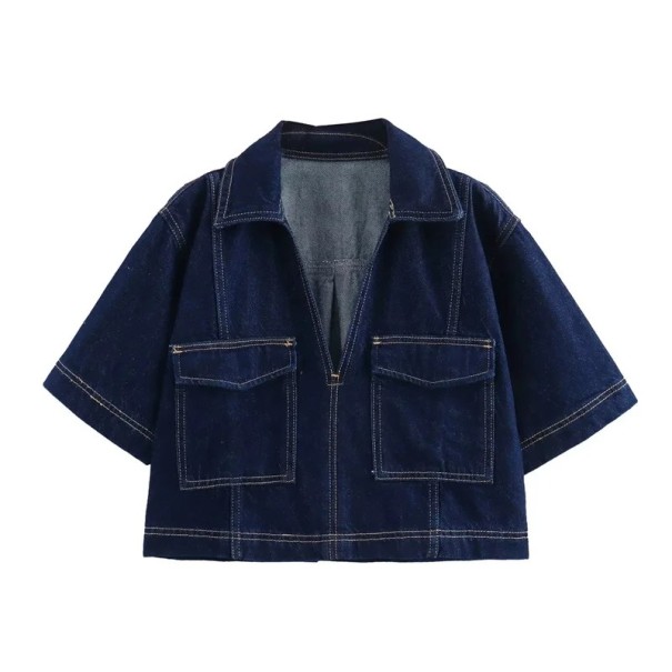 Chemise en jean bleu d'été à manches courtes Coupe courte et courte Chemisier femme élégant Denim pour l’été Mode décontractée bleu foncé L