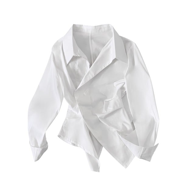 Chemise femme à manches longues avec un devant asymétrique enroulé, col doublé, fronces à la taille et ourlet oblique blanc XS