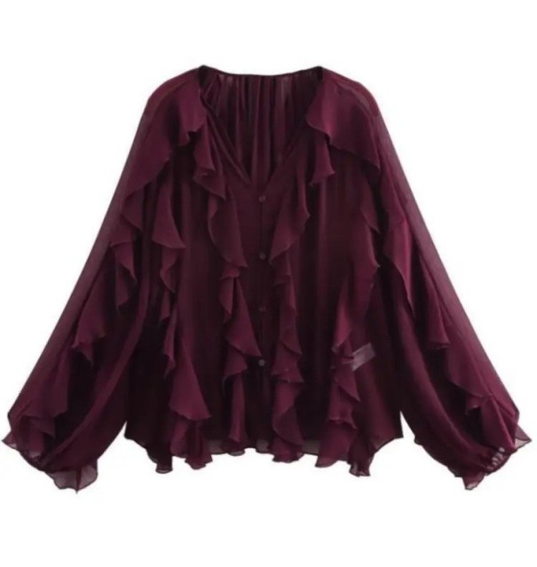 Chemise femme à manches longues Col en V Chemise élégante avec volants Boutonnage Haut léger et stylé pour un usage quotidien Polyester bordeaux M