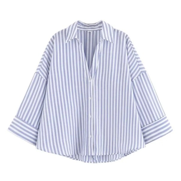 Chemise femme en lin léger avec col Manches larges Ourlet asymétrique Fermeture boutonnée Chemisier aéré en matière naturelle bleu S