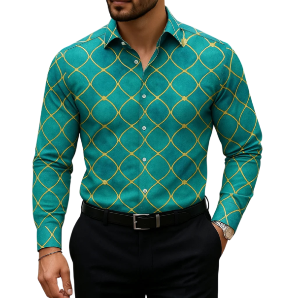 Chemise homme turquoise avec motif en losanges dorés à manches longues, coupe ajustée et col classique XS