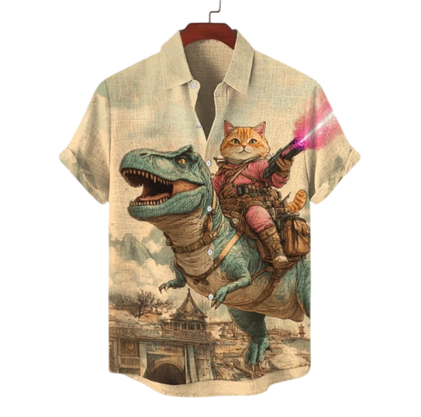 Chemise pour homme à col boutonné à manches courtes en polyester et spandex beige avec impression de chat sur dinosaure - Chemise d'été décontractée XXL