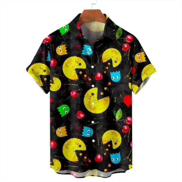 Chemise pour homme à manches courtes en polyester couleur noire avec motifs pac man et cerises fermeture à boutons avec col XS