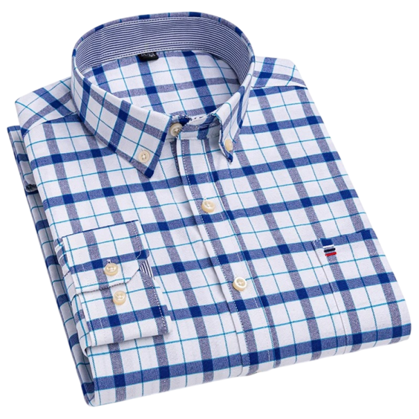 Chemise pour homme à manches longues en coton à carreaux bleus avec fermeture à boutons, col et poche pour un usage quotidien S