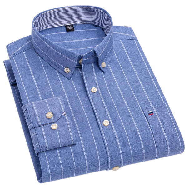 Chemise pour homme à manches longues en coton couleur bleue à rayures avec fermeture à boutons, col et poche pour un usage quotidien S