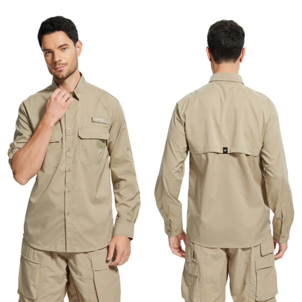 Chemise pour homme à manches longues en polyester unie avec fermeture à boutons, col et poches pour un usage quotidien beige L