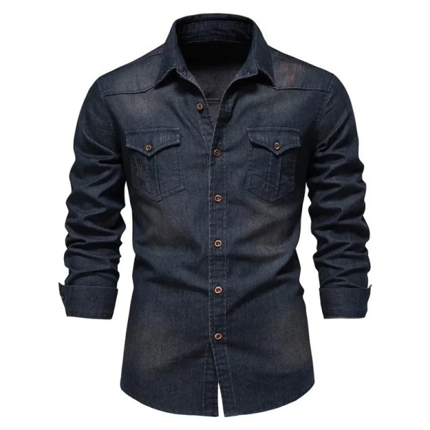 Chemise pour homme à manches longues Unicolore Col Poches Boutonnage Décolleté en V Coton bleu foncé XS