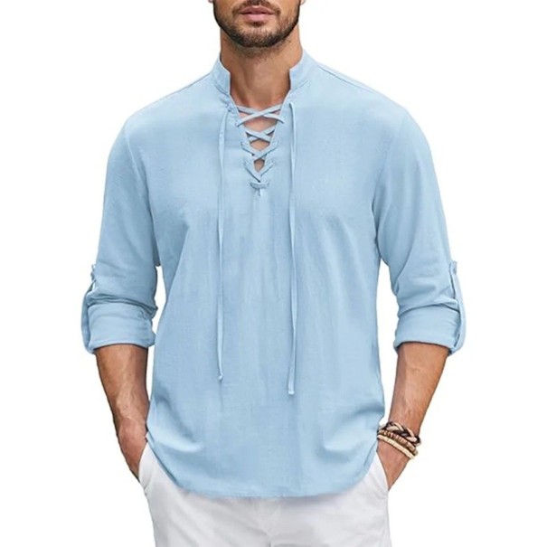 Chemise pour homme à manches longues unie en coton et lin avec lacet au col bleu clair XXL