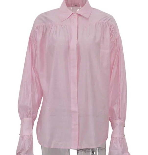 Chemise transparente élégante pour femme à manches longues Blouse unie en polyester avec des manches évasées et un col Top stylé à boutons rose S
