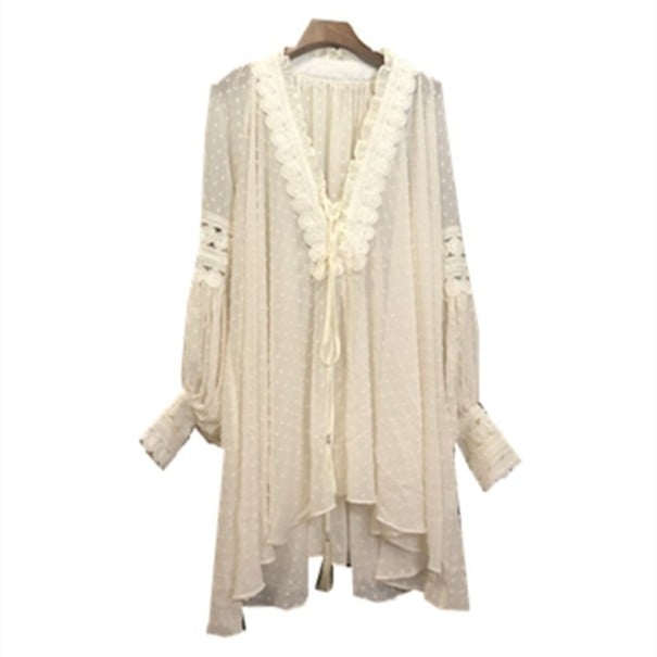 Chemisier blanc pour femme avec motif et dentelle Coupe ample et allongée Décolleté en V avec lien Manches larges Ourlet asymétrique Polyester M
