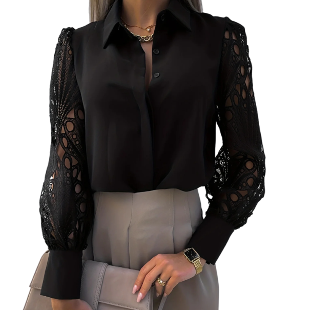 Chemisier élégant pour femme à manches longues en dentelle Embellissement transparent Col en V Col chemise Haut élégant pour le travail et les occasions sociales noir XS