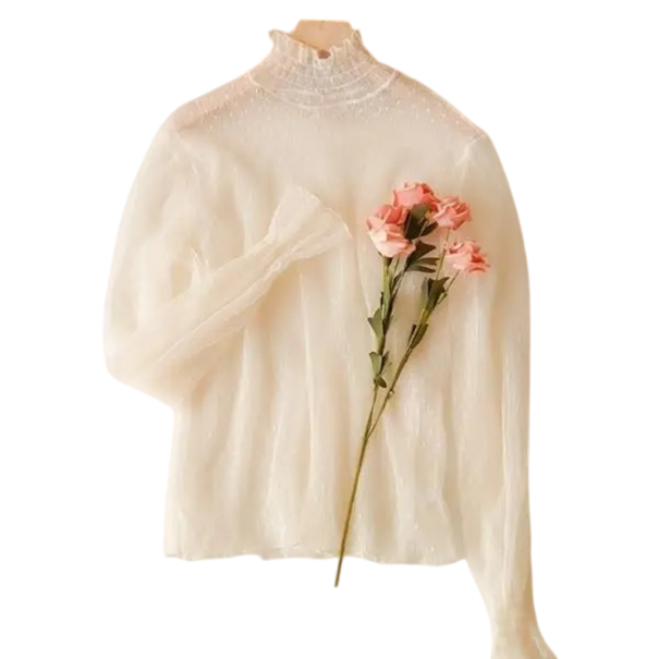 Chemisier en dentelle semi-transparent pour femmes Taille universelle Col roulé Encolure ronde Manches longues Fronces Motif à pois beige