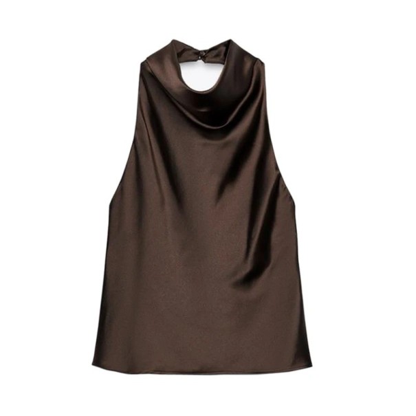 Chemisier femme brillant Col rond Sans manches Fermeture au cou Chemisier uni élégant en polyester marron XS