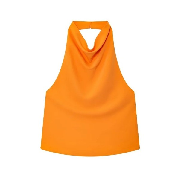 Chemisier femme brillant Col rond Sans manches Fermeture au cou Chemisier uni élégant en polyester orange L