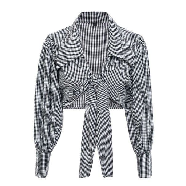 Chemisier noir et blanc à motif à carreaux coupe courte avec nœud au centre de la poitrine manches amples avec poignets coton et polyester S