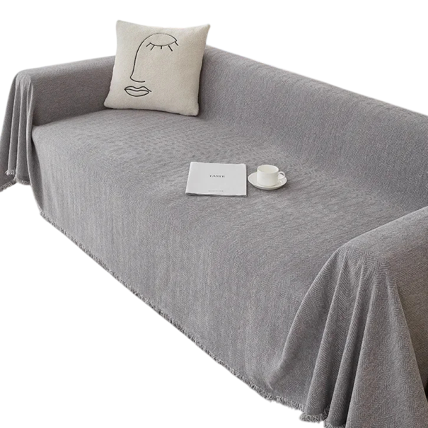 Chenille-Sofabezug mit eleganten Fransen 180 x 300 cm Fischgrät-Textur schützender Überwurf für das Wohnzimmer grau