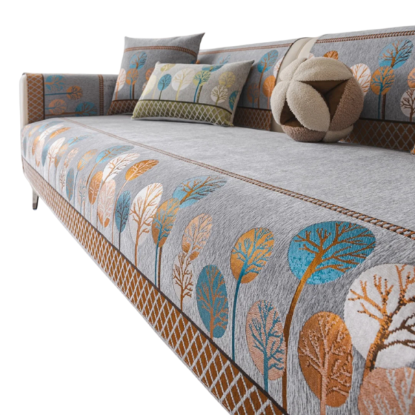 Chenillový povlak na polštář žakárový se vzorem stromů 45 x 45 cm dekorativní bytový textil na sedačku i postel do obývacího pokoje šedo-oranžová