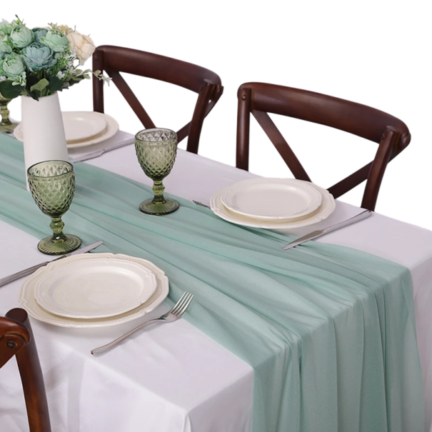 Chiffon Tischläufer 75x1000 cm Extra lange transparente Polyesterstoff Dekoration für Hochzeit Boho Stil Geburtstagsfeier Hochzeitsbogen mintgrün