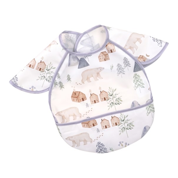 Children's Bib for High Chair 30 x 25 cm White with Polar Bears and Wooden Houses Sleeves over Shoulders Blue-Grey Trim and Crumb Pocket 1