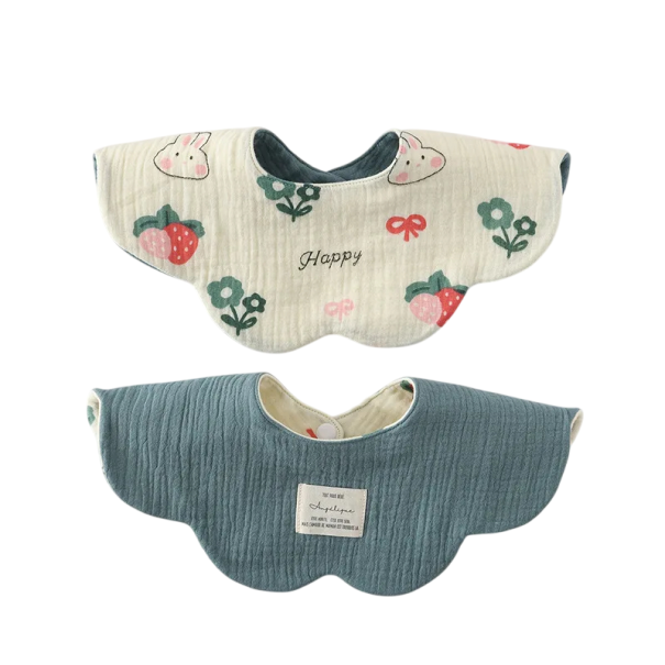 Children's Bib with Double-Sided Design Beige Side with Strawberries and Bunnies and Flowers Green Smooth Side Wavy Edge Press Stud at Neck 1