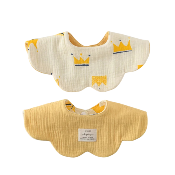 Children's Bib with Double-Sided Design Beige Side with Yellow Crowns and Blue Details Bright Yellow Smooth Side Popper at the Neck 1