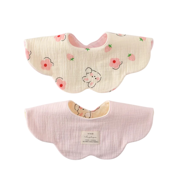 Children's Bib with Reversible Design Beige Side with Rabbit and Flowers Light Pink Smooth Side Wavy Edge Snap Fastener at Neck 1