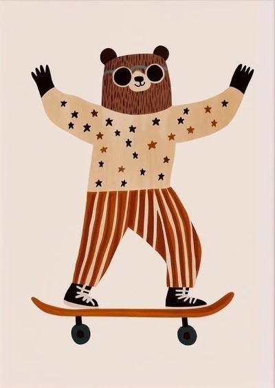Children's Canvas Poster 30 x 42 cm Skateboarding Bear with Sunglasses Vertical Wall Decoration Unframed 1