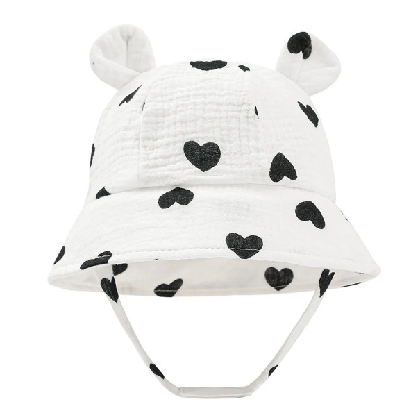 Children's Cotton Hat with Ears White Black Hearts with Ties Head Circumference 35–39 cm Brim 27 cm Depth 11 cm Hat 3–12 Months 1