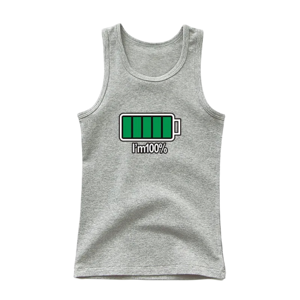 Children's Cotton Tank Top with Battery Print and I’m 100% Slogan Plain Sleeveless T-Shirt with O Neck Summer Top for Boys and Girls grey 4