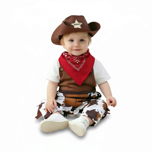Children's Cowboy Costume with Hat and Scarf Trousers with Cow Pattern and Fringes Cotton Brown and White For Carnival and Halloween 3-6 months