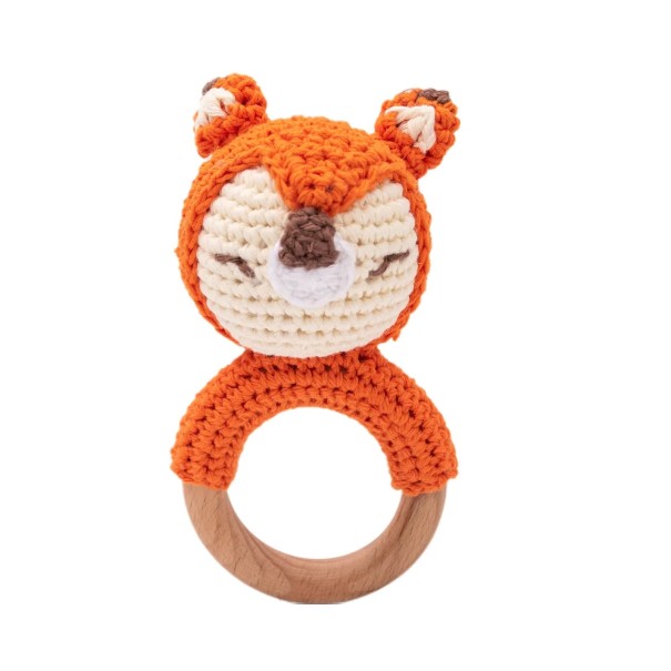 Children's Crochet Rattle with Wooden Attachment Ring, Fox, Ideal for Motor Skills and Hearing Development 1