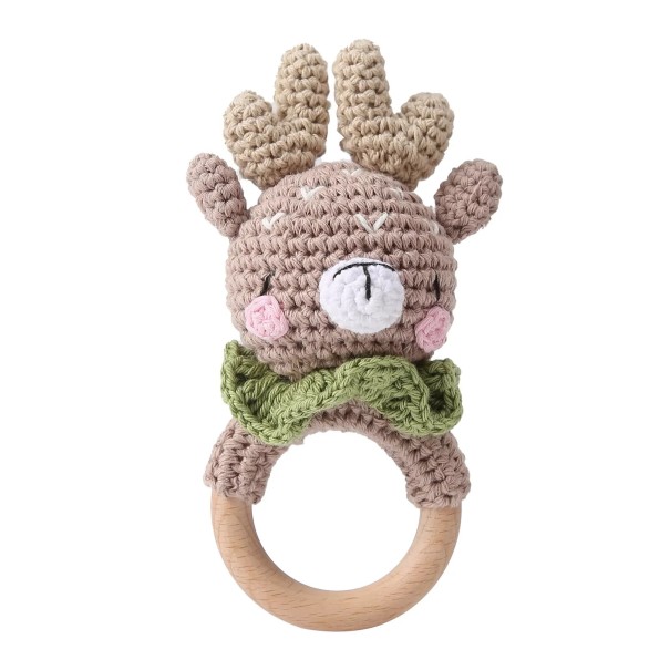 Children's Crocheted Rattle with Wooden Ring for Grasping, Reindeer, Ideal for Developing Motor Skills and Hearing 1