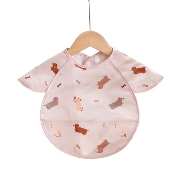 Children's Feeding Bib 30 x 25 cm Pink with Dachshund and Checkered Pattern Sleeves over Shoulders Hidden Pocket for Crumbs and Food Residues 1