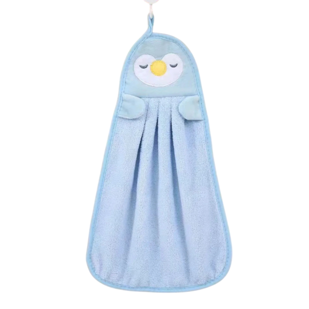 Children's Hand Towel 34 x 16 cm Polyester Bathroom Towel with Loop Cute Penguin Design for Kids blue